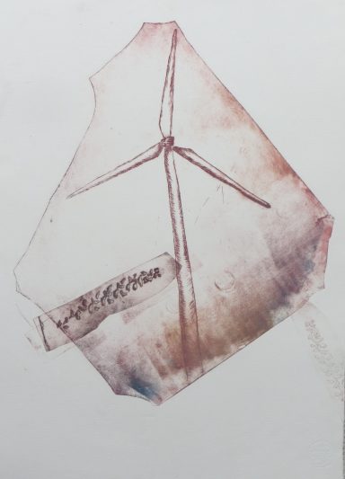 „Auf Reisen", 50 × 70 cm, Kaltnadelradierung, 2023 Abstrakte Wasserfarbe eines Windrads auf beigem Hintergrund mit sanften Farbtönen.