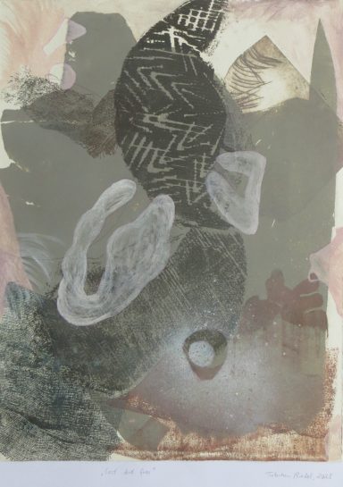 „lost but free", 45 × 65 cm, Materialdruck und Zeichnung, 2023 Abstrakte Komposition mit verschiedenen Texturen und Formen in warmen Farbtönen.