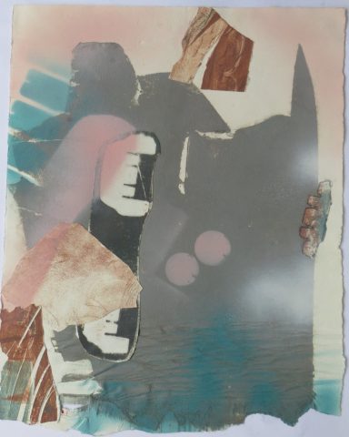 „broken but free", 40 × 60 cm, Materialdruck und Collage, 2023 Abstrakte Komposition mit Farben und geometrischen Formen auf einem strukturierten Hintergrund.